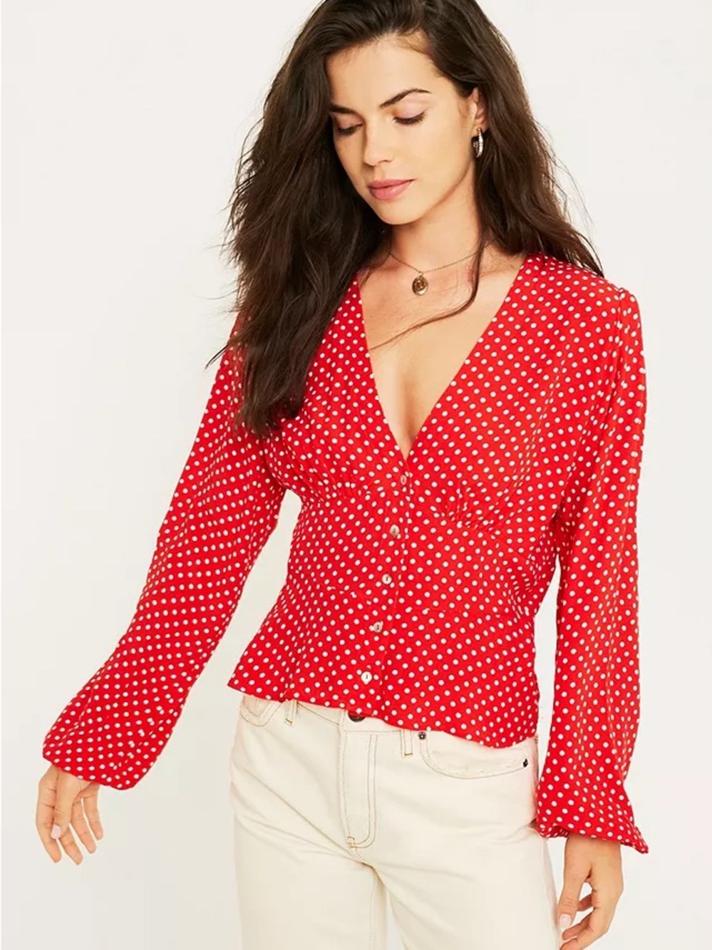 Free People Red Polka Dot V-Neck Button Front Blouse